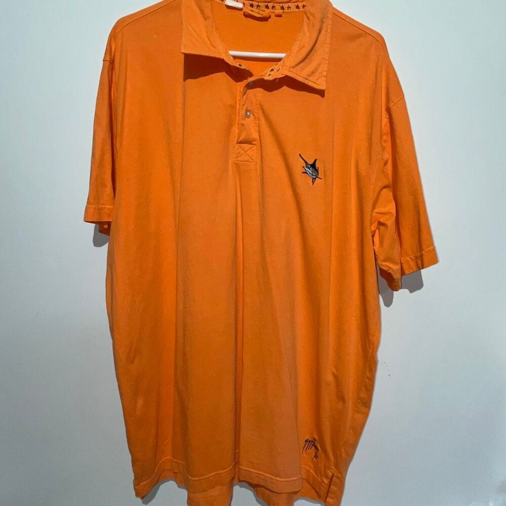 Vintage Guy Harvey Men's Orange Embroidered Marlin Short Sleeve Polo Shirt Large